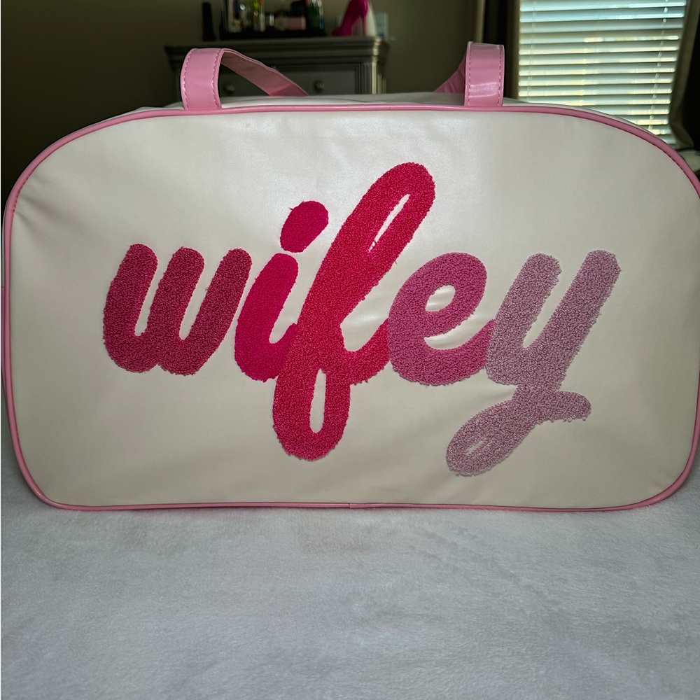 Wifey Cream and Pink Travel Bag